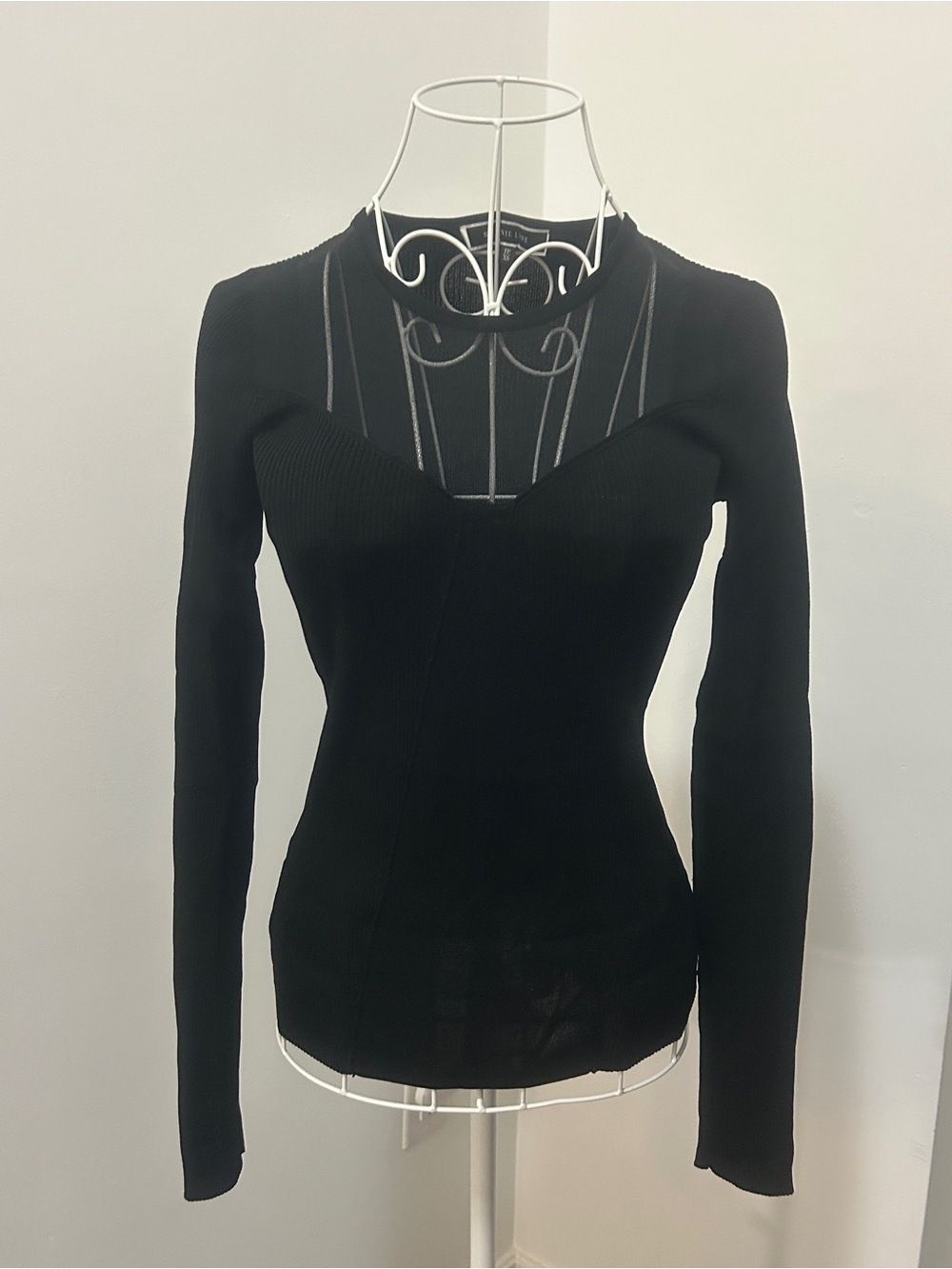 Melanie Lyne Black Ribbed Long Sleeve Top Sheer Yoke Crew Neck Size XS
